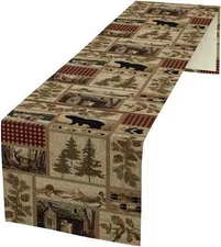 Rustic Country Bear Table Runner,Patchwork Cabin Wild Animals Hunting Table