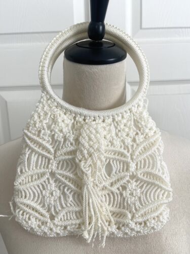 Vintage 70s Ivory Macramé Purse Handles Cotton Bag Lined Boho Hippie | Clean
