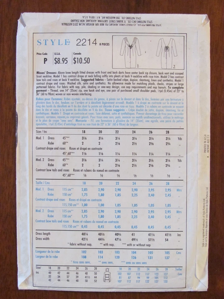 STYLE PATTERN - 2214 LADIES DRESS PLEATED DRAPE BACK V-NECK 18-28 PLUS UNCUT - Image 2 of 2