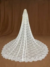 Wedding Bridal Veil 1 Tier Cathedral Length Lace Wave Edge With Comb Applique