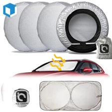 4PCS Car Wheel Tire Cover Set Universal & Windshield Sun Shade Visor UV Block