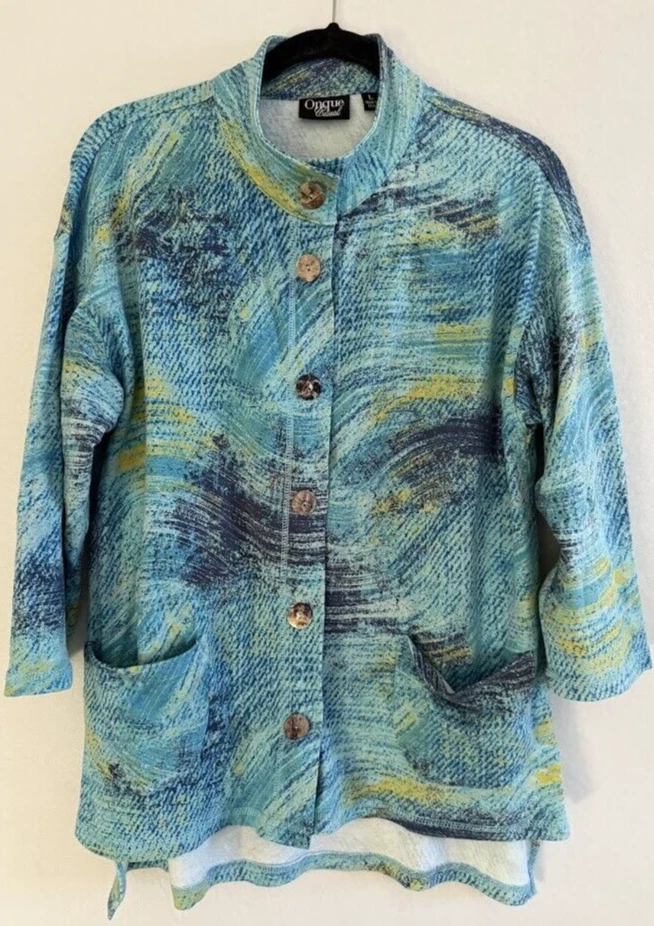 Onque повседневный женщин куртка большой синий многоцветный кнопка 3/4 рукав карманы хлопок - Изображение 3 из 4