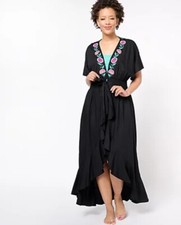America  Beyond Embroidered Tie Waist Caftan Black Multi XL A614070