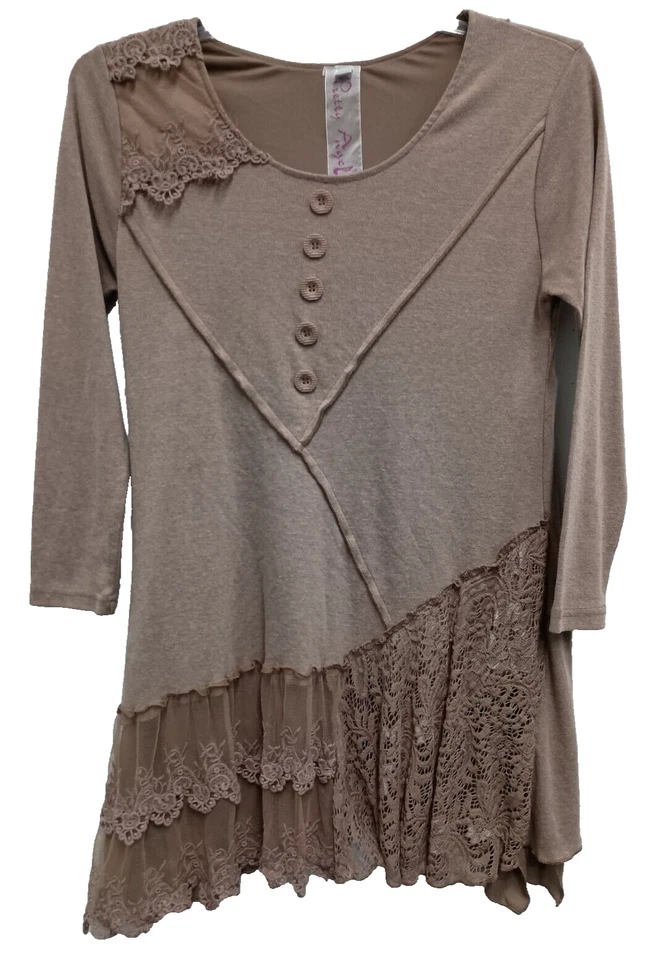 Top túnica Pretty Angel para mujer mediano beige tejido detalles de encaje hada victoriana
