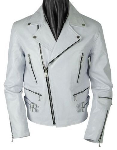 Mens Leather Jacket Genuine Lambskin White Slim Fit Biker Motorcycle Jacket- 215 - Afbeelding 1 van 4