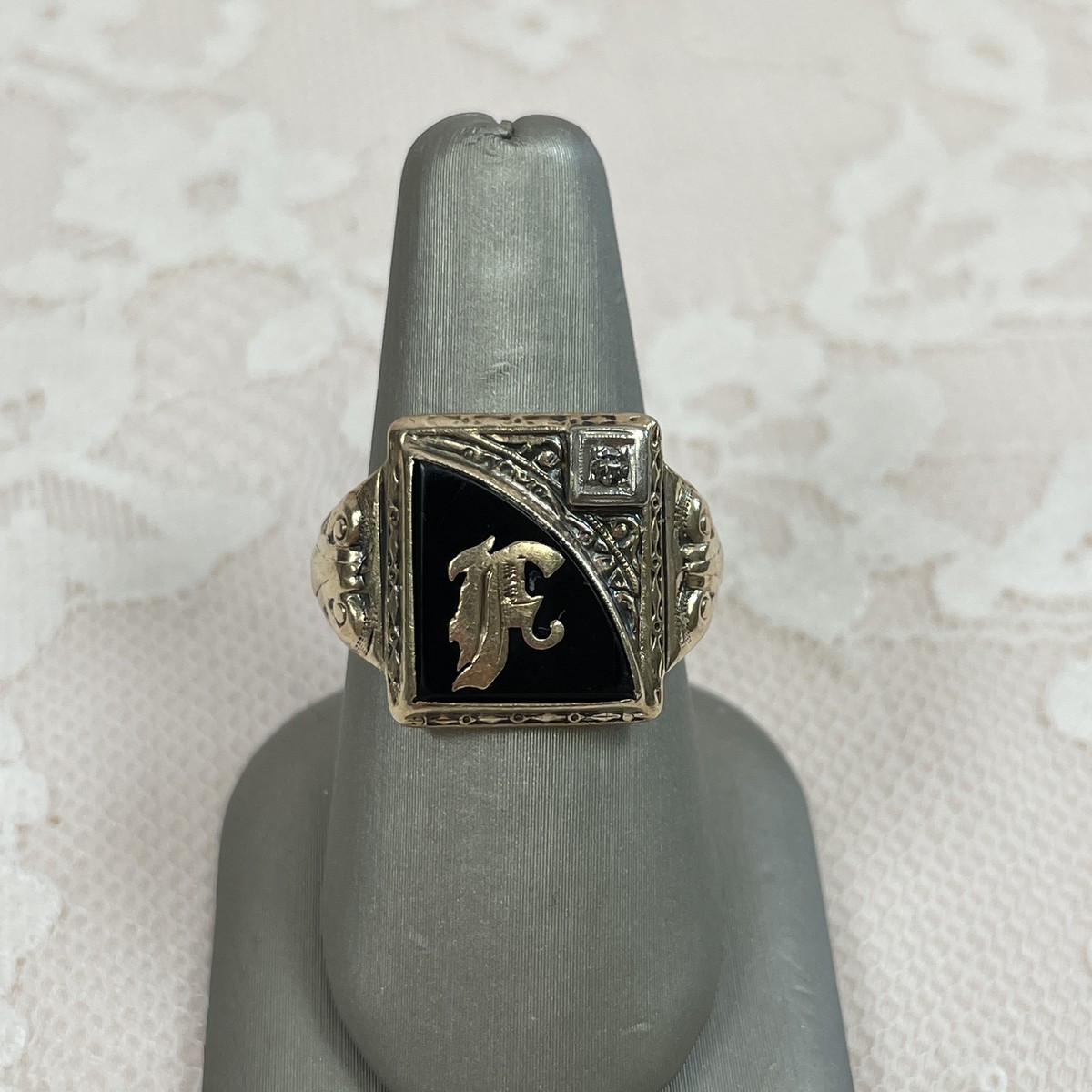 10K Onyx Initial F Ring with Diamond, Signet, Yellow Gold 10K Onyx Initial F Ring with Diamond, Signet, Yellow Gold