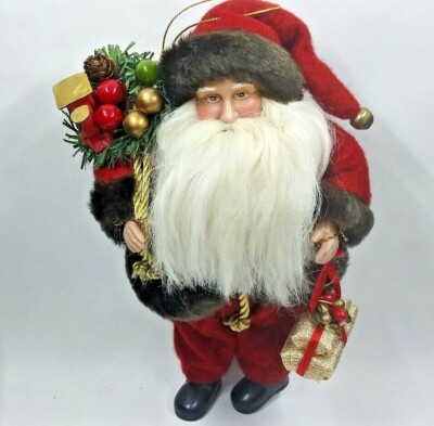 Vgt Plush Santa Claus Doll Trim in Brown Fur Carrying Presents Ornament Figurine