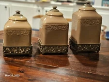 SET Of 3 Gracious Goods GG Collection Large Canister Acanthus Leaf & Metal Base