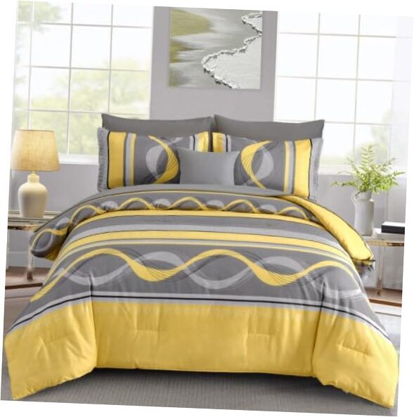 Comforter Set Size,8 Pieces Bed in a Bag Patchwork Striped Bedding King Yellow