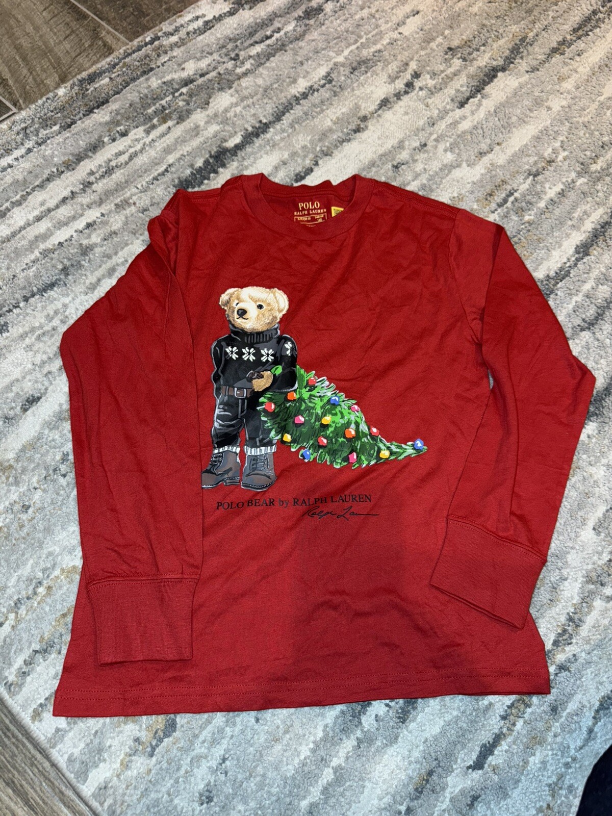 POLO Bear Ralph Lauren Christmas Tree Long Sleeve Shirt Youth Size Small 8 NWOT