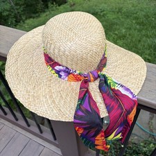 Orig Panama Jack Wide Brim Floppy Summer Straw Sun Hat BoHo Beach Colorful Sash