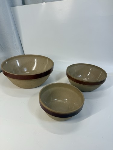 Vintage Grès de Gien France Nesting Mixing Bowls Set of 3 Brown Band Stoneware
