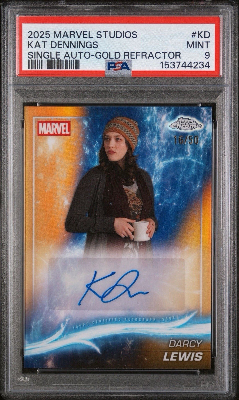 Topps 2025 Marvel Studios Chrome Kat Dennings Darcy Lewis Auto Gold /50 PSA 9