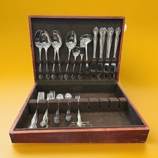 Vintage Ornate Stainless Steel Flatware Set in Wood Storage Chest, Mixed Service