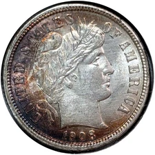 1908 D BARBER SILVER DIME 10C US COIN TONED TONING GREAT EYE APPEAL AU BU MS UNC
