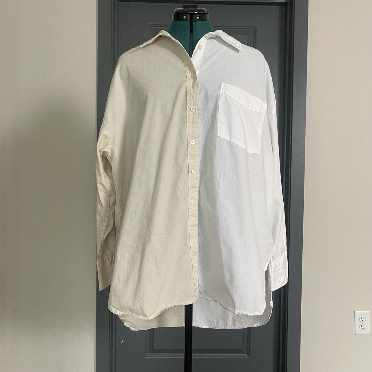 Anthropologie Maeve Bennet Shirt Large Oversized Button Down Two Tone Colorblock