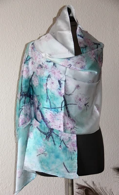 Schal Tuch Seide 100% mulberry silk satin High Quality blau geblümt 177 x 51 cm - Bild 1 von 4