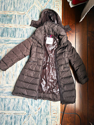 Moncler Women's Gray Hooded Down Puffer Mid-Length Full Zip Coat w/ Pockets 0