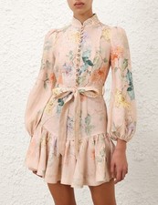 Zimmermann Illuminate $950 Peplum Mini Linen Dress Peach Hydrangea AU 0 (US 4)