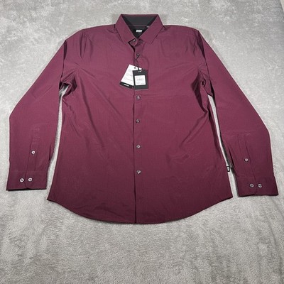 DKNY Dress Shirt Mens Medium Burgundy Micro Print Long Sleeve Button Up Stretch