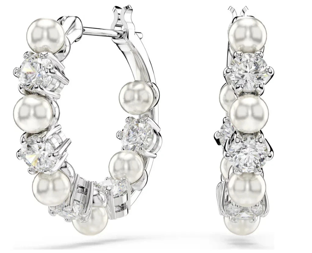 Swarovski Matrix hoop earrings Crystal pearl, Round cut, White, Rhodium plated
