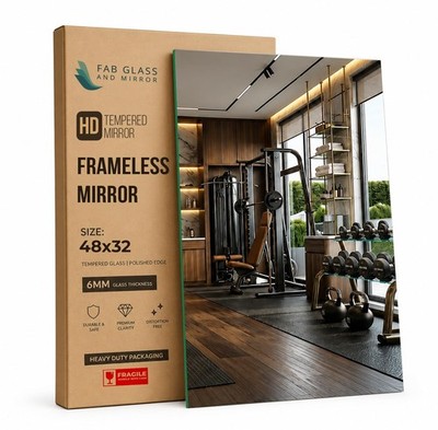Large Gym Mirror for Home Gym 48x32 - Full Length HD Tempered Glass Wall Pane...