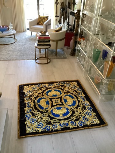 Custom Made Versace Lion And Urn Velvet Throw 55”55” Gold Fringe Blue,gold,black - Picture 11 of 11