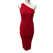 Michael Stars One Shoulder Ruched Ribbed Midi Dress Womens XS Red Going Out
