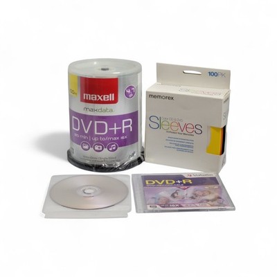 100 Pack +(2) MAXELL Maxdata RW DVD+R 16x 4.7 GB 120 Min Spindle & 100pk Sleeves