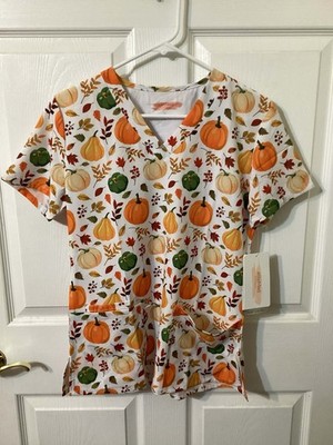 EliteMed Fall Pumpkin Scrub Top Size Medium NWT
