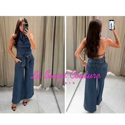 ZARA WOMAN NWT SS26 Z1975 HALTER DENIM JUMPSUIT WITH BELT BLUE 7147/030/400
