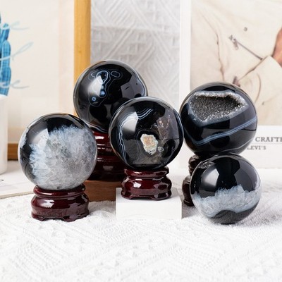 1PC 5-6cm Natural Black Banded Agate Sphere, Polished Crystal Ball with Stripe