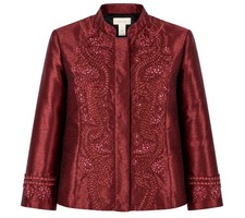Chico  s Tiena Twirling Applique Jacket Red Burgundy Sequin Evening Blazer Sz 1/M