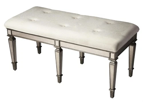 Butler Specialty Mirrored Tufted Bench In Ivory And Pewter - Picture 2 of 2