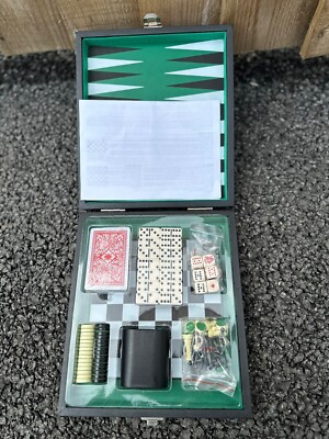 Vintage 5 in 1 kompaktes Reisespiel Set Schach ~ Backgammon ~ Dame ~ Domino ~ Poker Würfel 