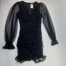 Women's V-Neck Long Sleeve  Floral Black Dress Ladies Casual Dresses Size M A27