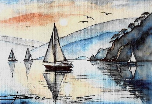ORIGINAL Hand Painted Pen and Watercolor (ACEO) Calm Day for Sailing