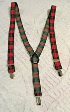 MENS SUSPENDERS RED PLAID ELASTIC SILVER CLIP BRIGHT  FITS UP TO 48"