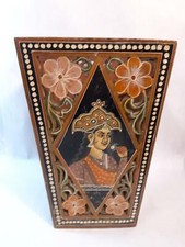 Wood Basket Large Handmade Hand Painted India Planter Vase People Floral