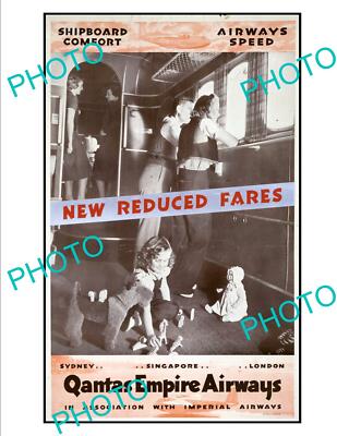 OLD 6x4 HISTORIC AVIATION POSTER QANTAS AIRWAYS REDUCED FARES c1950s