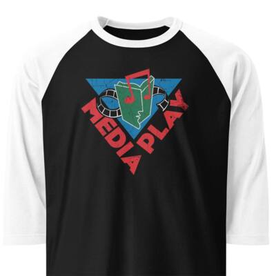 Media Play Music Store unisex 3/4 sleeve raglan baseball tee