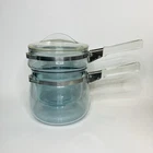 Pyrex Flameware Glass Stainless Double Boiler Blue Tint 1 1/2 Qt + Lid Vintage