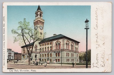1906 Worcester MA City Hall Clock Tower Postcard A. P. Lundborg Germany J1187
