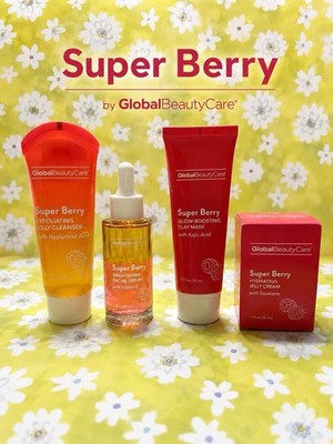 GlobalBeautyCare Super Berry Cleanser Serum Clay Mask Moisturizer Set HA Vit C
