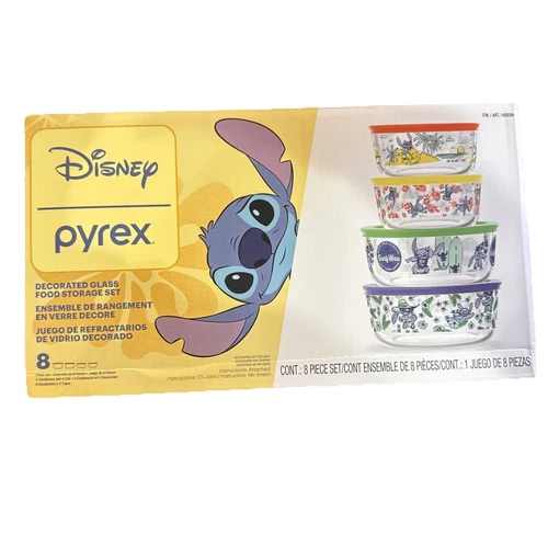 New Disney Pyrex Disney Lilo Stitch Glass Food Storage Bowl Lid Set 8 Pieces