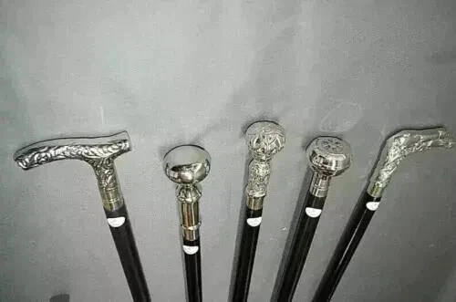 Lote de 5 piezas de bastón de madera antiguo de regalo hecho a mano mango de latón macizo Foto 3 de 4