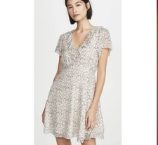 Madewell Ruffle Neck Mini Dress Cream Floral 100% Silk V Neck Short Sleeve Sz 4