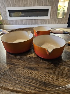 Le Creuset 3 x Töpfe 20 18 & 16 cm Volcanic Orange Gusseisen Emaille Soßenpfanne Topf