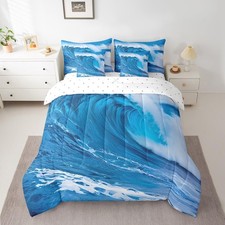 Ocean Wave Comforter Set Full Size 7 Pieces for Boys Girls Blue Summer Sea Be...
