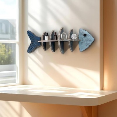 Wooden Fish Wall Shelf, Wood Fish Beach Decor Display Shelf, Nautical Coastal St